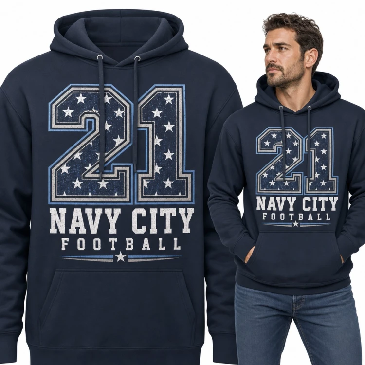 Bluza męska z kapturem - „Navy City Football” z numerem 21 w gwiazdy