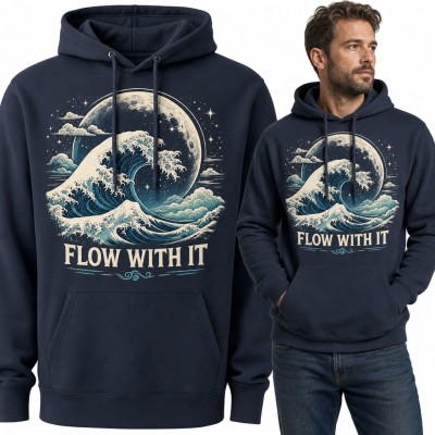 Bluza męska z kapturem - wielka fala i księżyc w pełni „Flow with it”