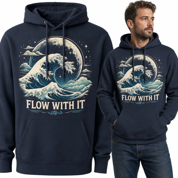 Bluza męska z kapturem - wielka fala i księżyc w pełni „Flow with it”