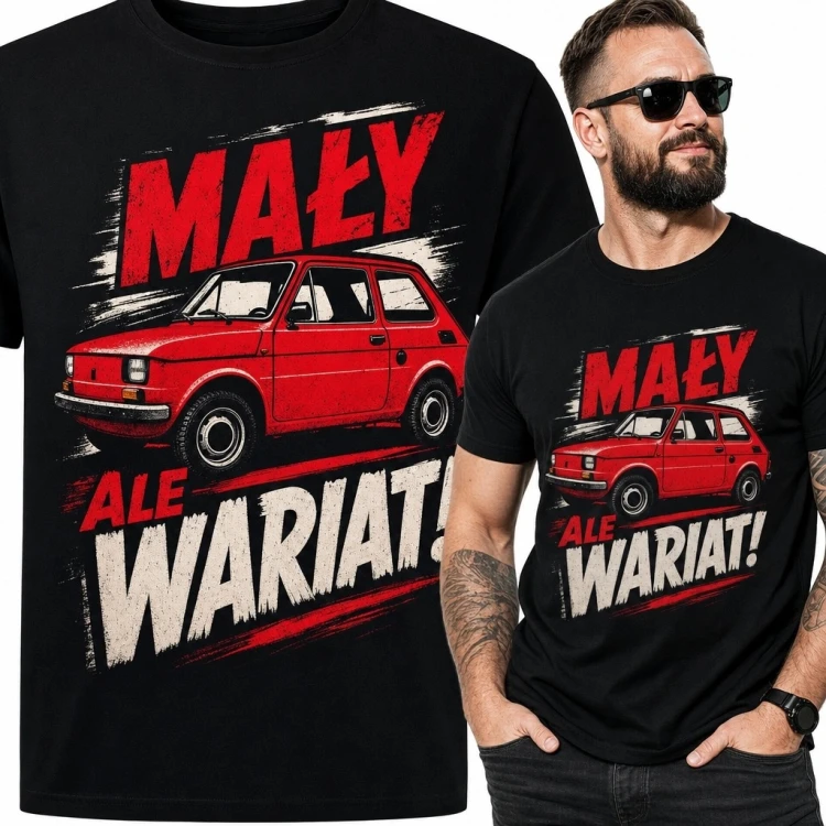 Koszulka męska z czerwonym autem retro „Mały, ale wariat!”