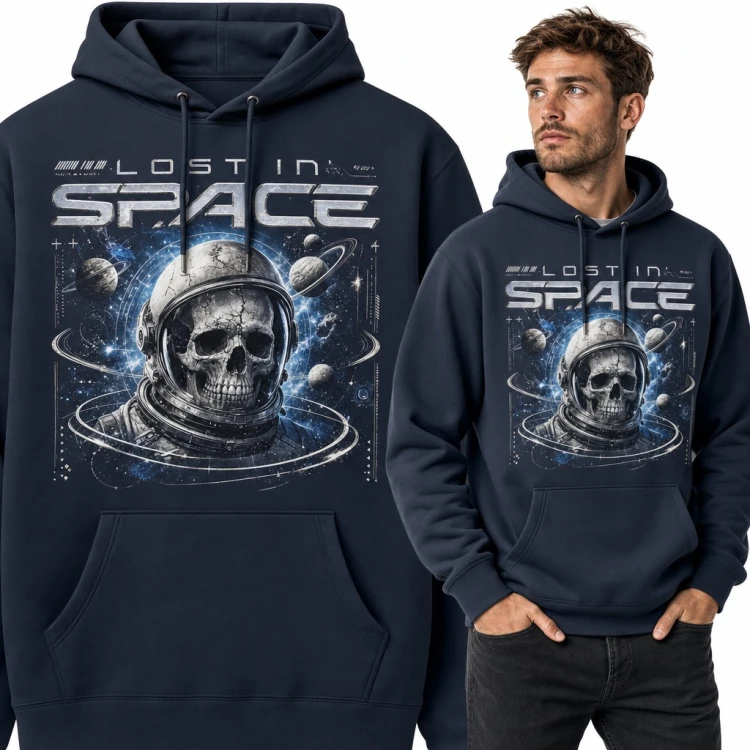 Bluza męska z kapturem - czaszka astronauty wśród planet „Lost in space”