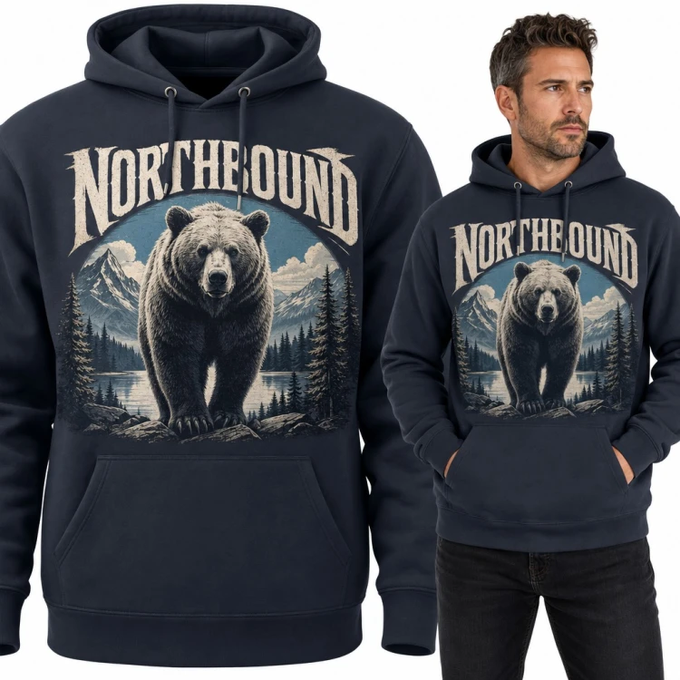 Bluza męska z kapturem - niedźwiedź grizzly w górach „Northbound”