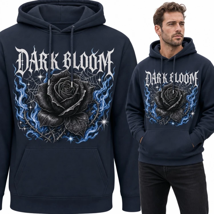 Bluza męska z kapturem - czarna róża w niebieskich płomieniach „Dark Bloom”