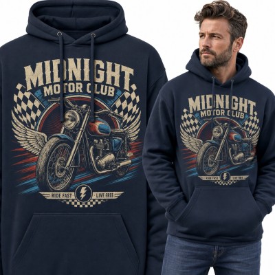 Bluza męska z kapturem - „Midnight Motor Club” z retro motocyklem i skrzydłami