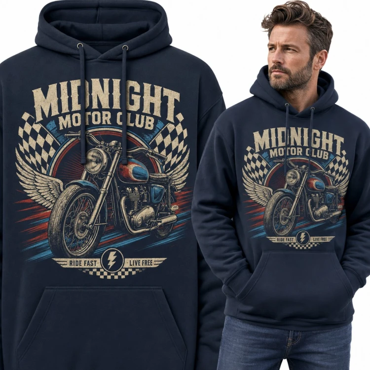 Bluza męska z kapturem - „Midnight Motor Club” z retro motocyklem i skrzydłami