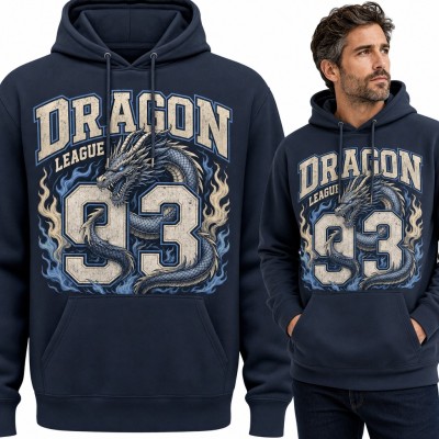 Bluza męska z kapturem - smok i numer 93 w stylu varsity „Dragon League 93”