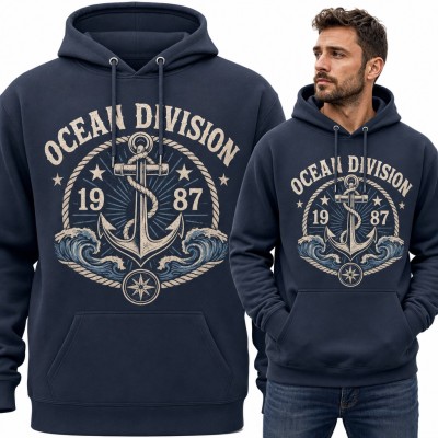 Bluza męska z kapturem „Ocean Division 1987” - kotwica i fale dla żeglarza