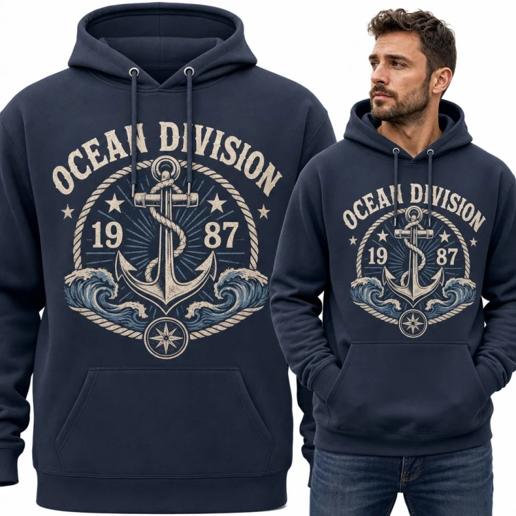 Bluza męska z kapturem „Ocean Division 1987” - kotwica i fale dla żeglarza