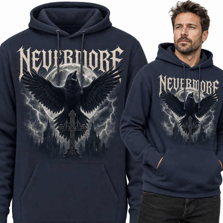 Bluza męska z kapturem - kruk z gotyckim krzyżem i napisem „Nevermore”