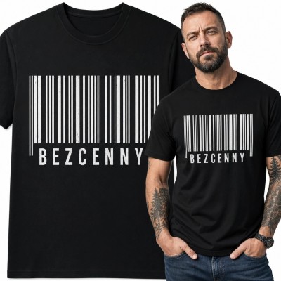 Czarna koszulka męska z kodem kreskowym „Bezcenny” - minimalistyczny nadruk