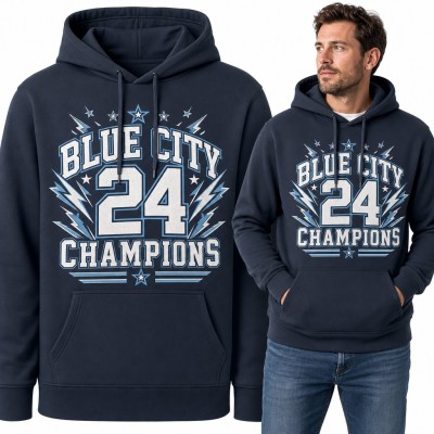 Bluza męska z kapturem „Blue City 24 Champions” - sportowy wzór college z błyskawicami