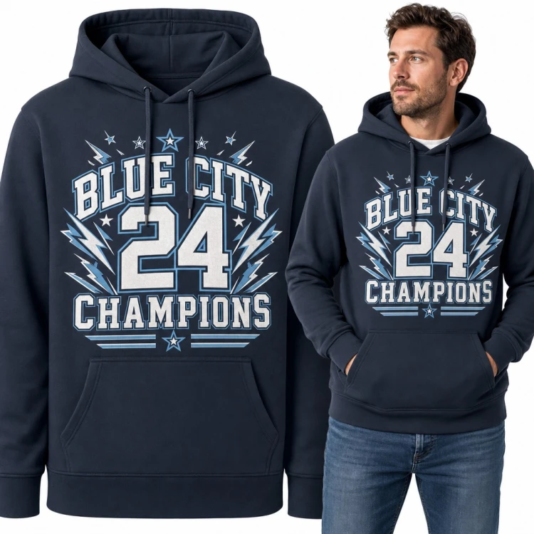 Bluza męska z kapturem „Blue City 24 Champions” - sportowy wzór college z błyskawicami