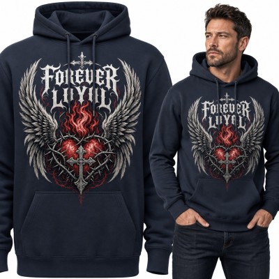 Bluza męska z kapturem „Forever Loyal” - płonące serce w cierniach ze skrzydłami