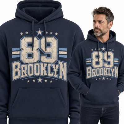 Bluza męska z kapturem „89 Brooklyn” - nowojorski styl varsity z gwiazdami