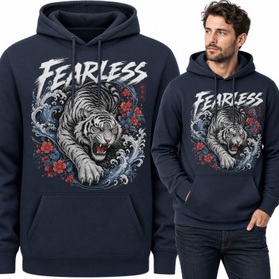 Bluza męska z kapturem - biały tygrys wśród japońskich fal i sakury „Fearless”