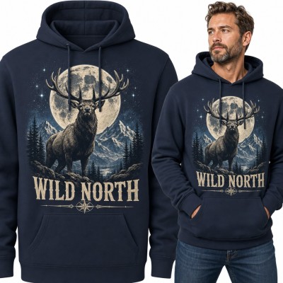 Bluza męska z kapturem - jeleń w pełni księżyca „Wild North”