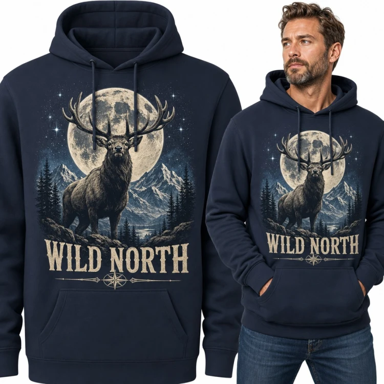 Bluza męska z kapturem - jeleń w pełni księżyca „Wild North”