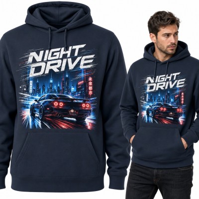 Bluza męska z kapturem „Night Drive” - sportowe auto JDM w neonowym mieście