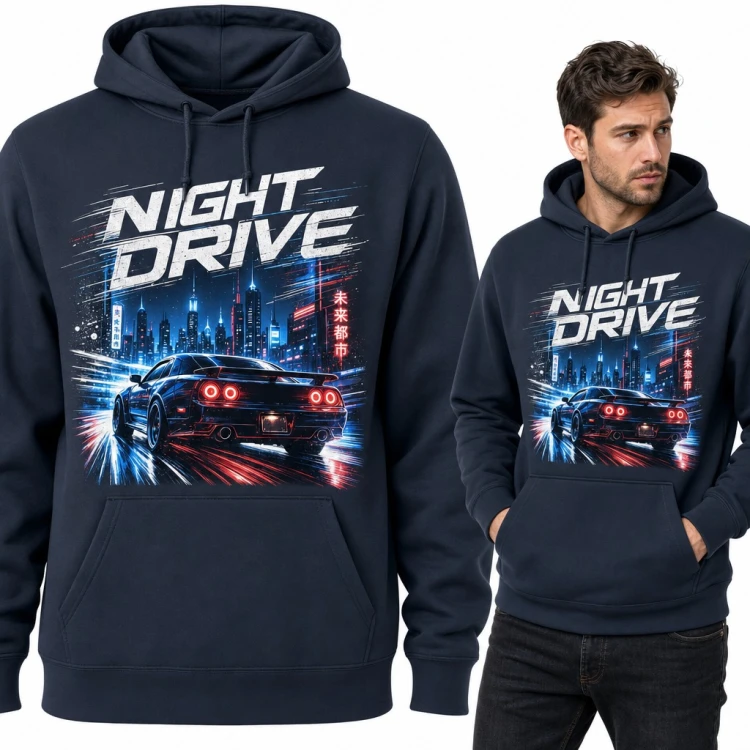Bluza męska z kapturem „Night Drive” - sportowe auto JDM w neonowym mieście