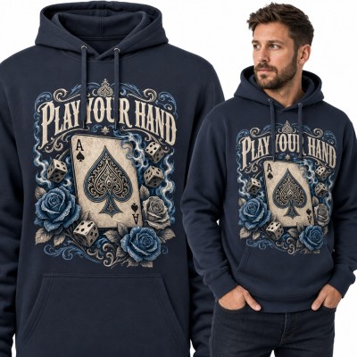 Bluza męska z kapturem „Play your hand” - as pik, kości i róże dla pokerzysty