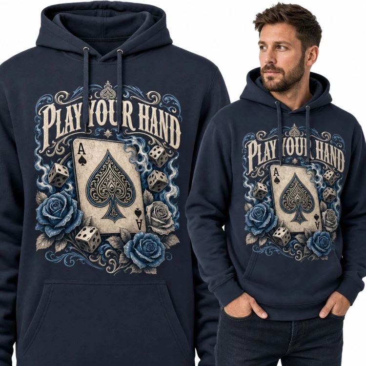 Bluza męska z kapturem „Play your hand” - as pik, kości i róże dla pokerzysty