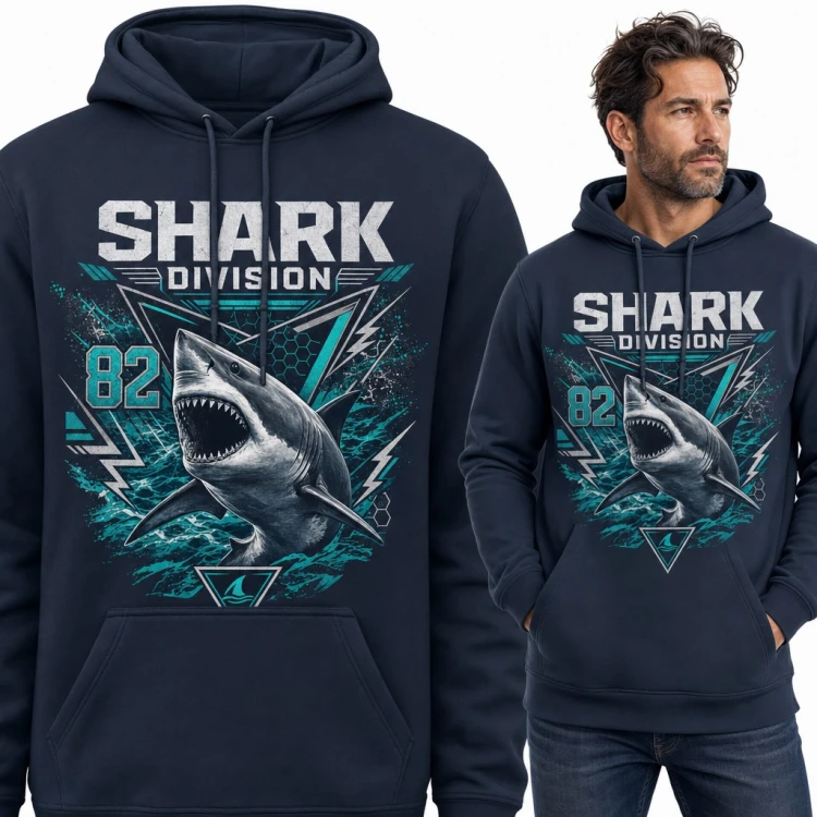 Bluza męska z kapturem - rekin z numerem 82 „Shark Division”