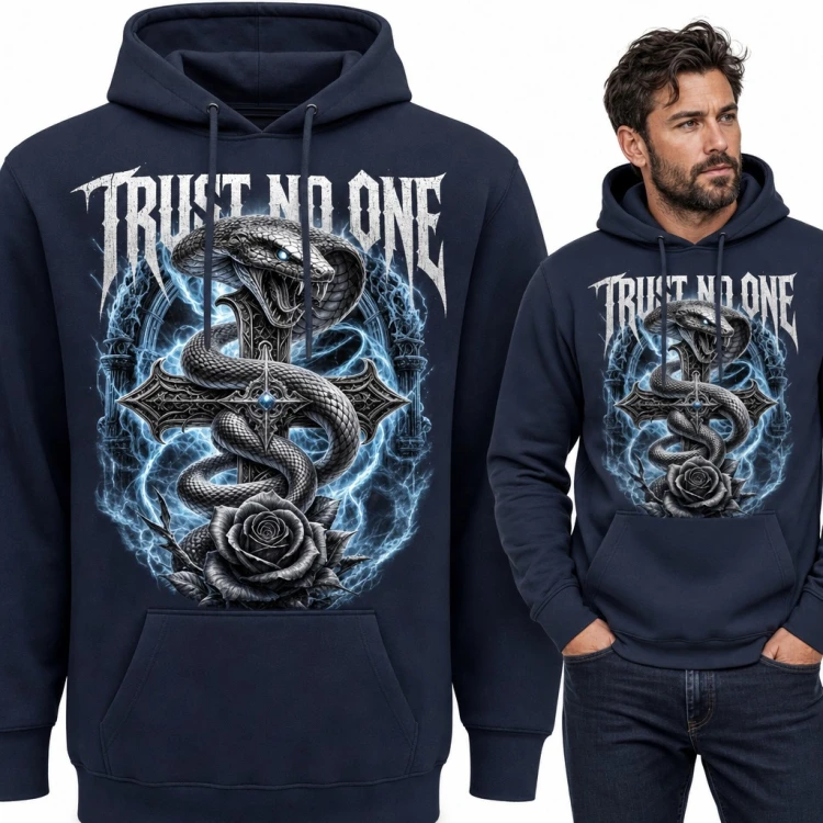 Bluza męska z kapturem - kobra na gotyckim krzyżu z czarną różą „Trust no one”