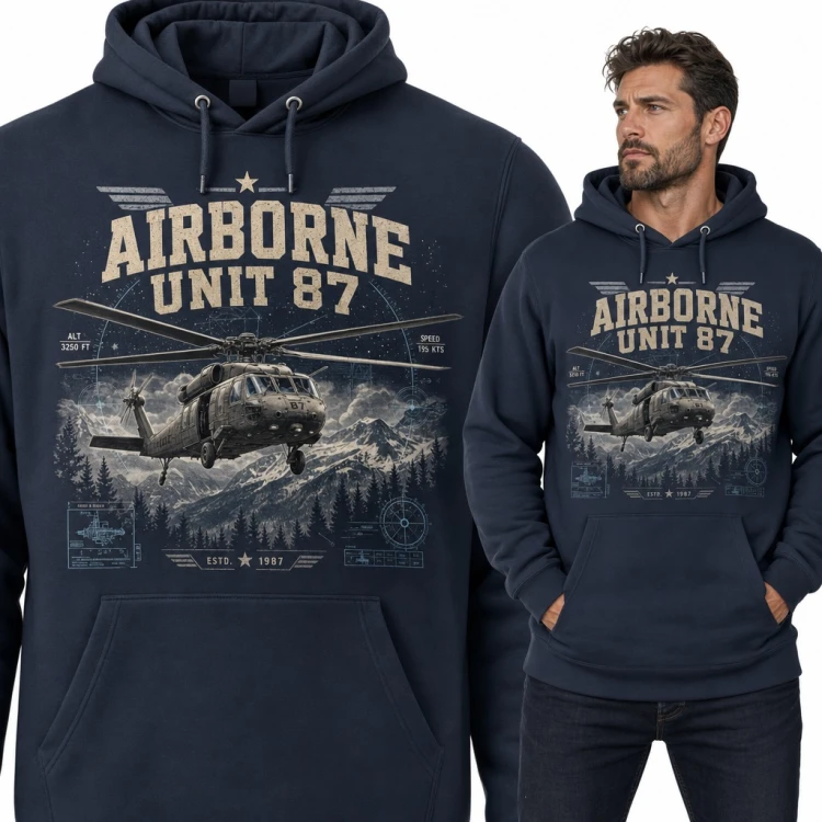 Bluza męska z kapturem - śmigłowiec wojskowy nad górami „Airborne Unit 87”