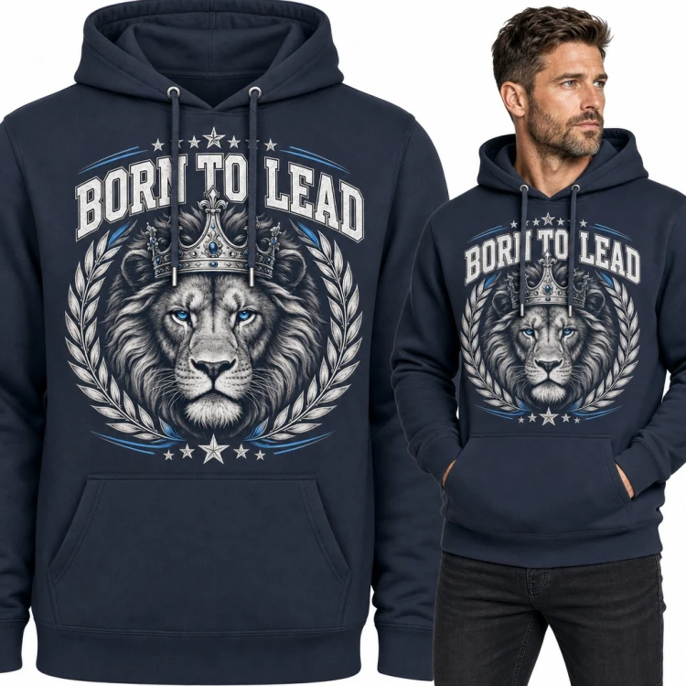 Bluza męska z kapturem - lew w koronie z wieńcem laurowym „Born to lead”