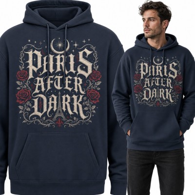 Bluza męska z kapturem - gotycki napis „Paris After Dark” z wieżą Eiffla i różami