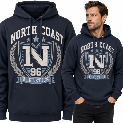 Bluza męska z kapturem - „North Coast” herb varsity z literą N i numerem 96