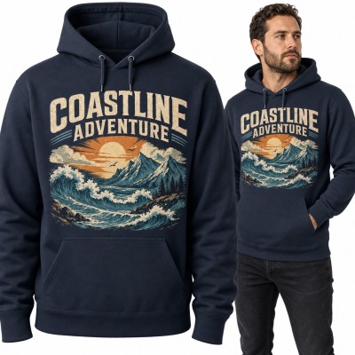 Bluza męska z kapturem - „Coastline Adventure” z falami oceanu i górami o zachodzie słońca