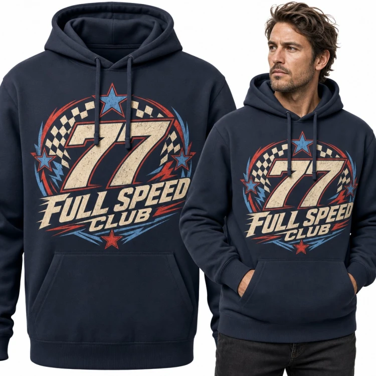 Bluza męska z kapturem „77 Full Speed Club” - wyścigowy emblemat z flagą w szachownicę