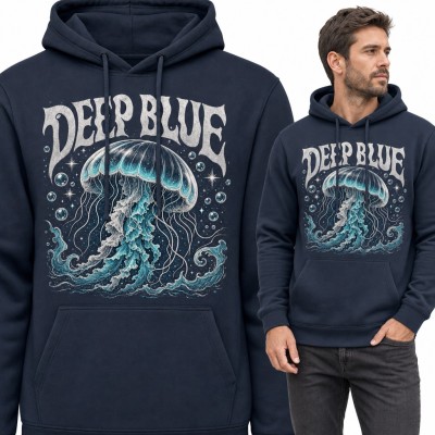 Bluza męska z kapturem - meduza w głębinach i napis „Deep Blue”