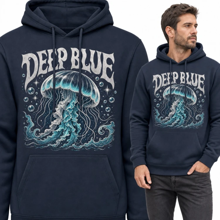 Bluza męska z kapturem - meduza w głębinach i napis „Deep Blue”
