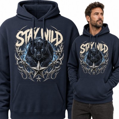 Bluza męska z kapturem - czarna pantera „Stay wild” z gwiazdami tribal