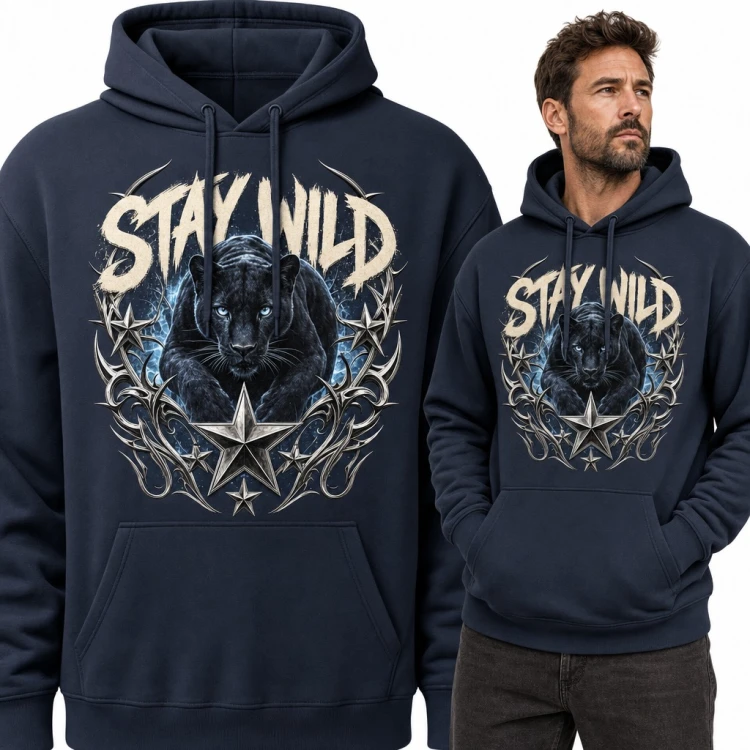 Bluza męska z kapturem - czarna pantera „Stay wild” z gwiazdami tribal