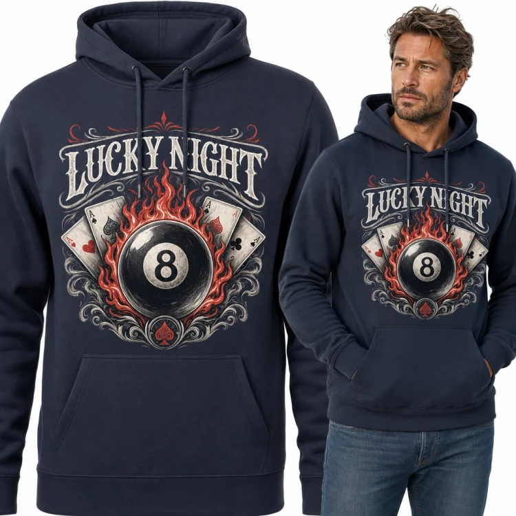 Bluza męska z kapturem - bila ósemka w płomieniach i asy „Lucky Night”