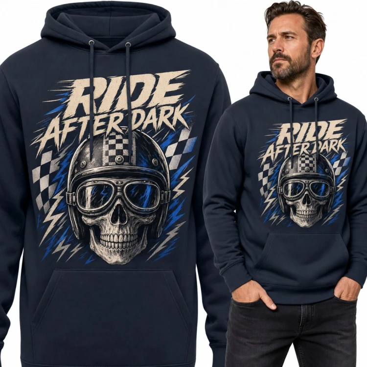 Bluza męska z kapturem - „Ride after dark” czaszka w kasku motocyklowym dla motocyklisty