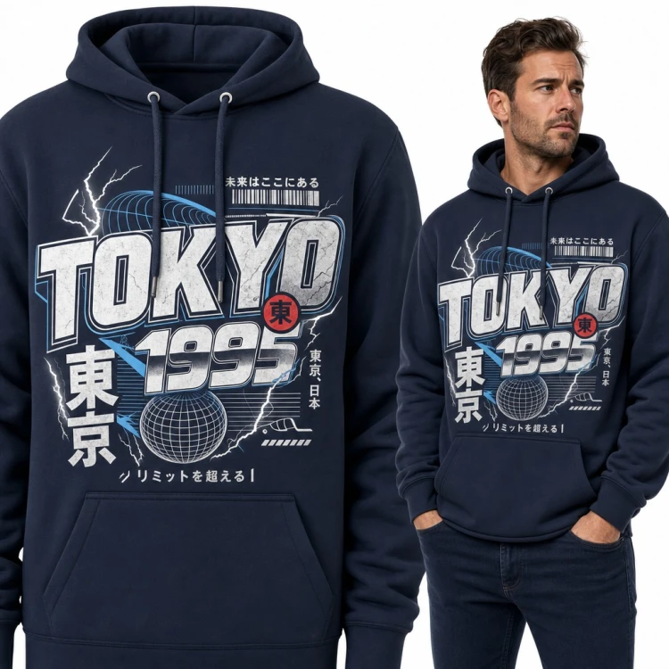 Bluza męska z kapturem - „Tokyo 1995” w stylu japońskiego streetwearu z globusem