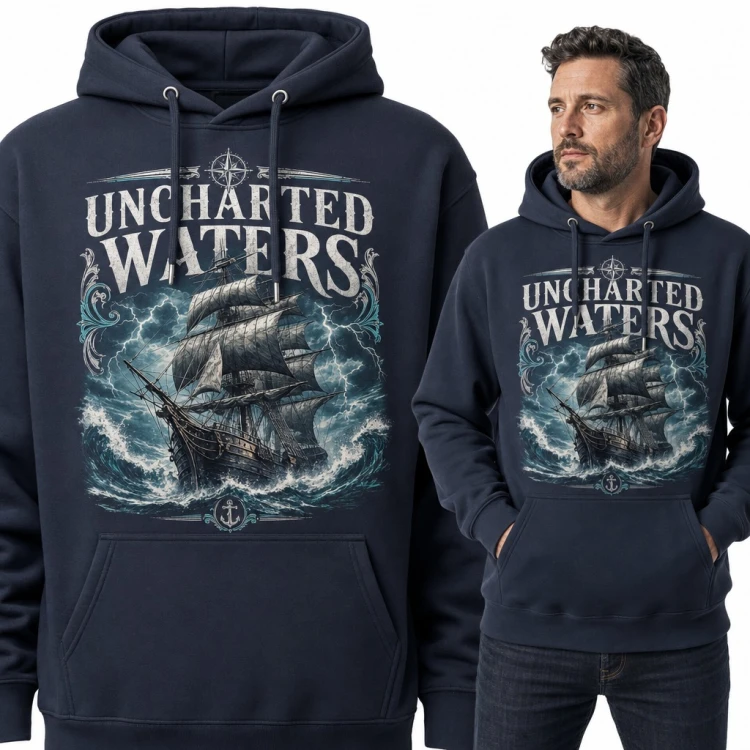 Bluza męska z kapturem - statek wśród fal i błyskawic „Uncharted Waters”