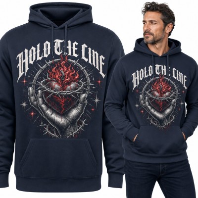 Bluza męska z kapturem „Hold the line” - płonące serce w koronie cierniowej