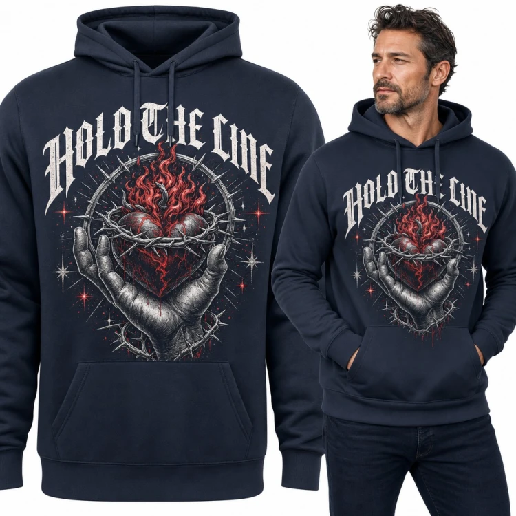 Bluza męska z kapturem „Hold the line” - płonące serce w koronie cierniowej