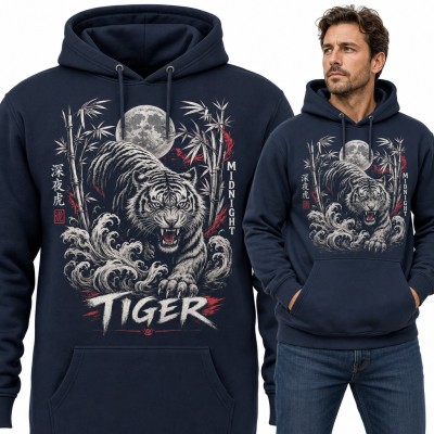 Bluza męska z kapturem - ryczący tygrys „Tiger” w bambusach pod księżycem
