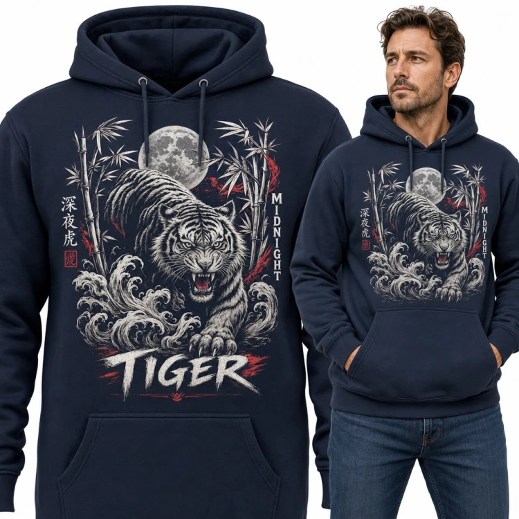 Bluza męska z kapturem - ryczący tygrys „Tiger” w bambusach pod księżycem