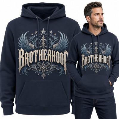 Bluza męska z kapturem „Brotherhood” - gotycki napis ze skrzydłami i gwiazdami