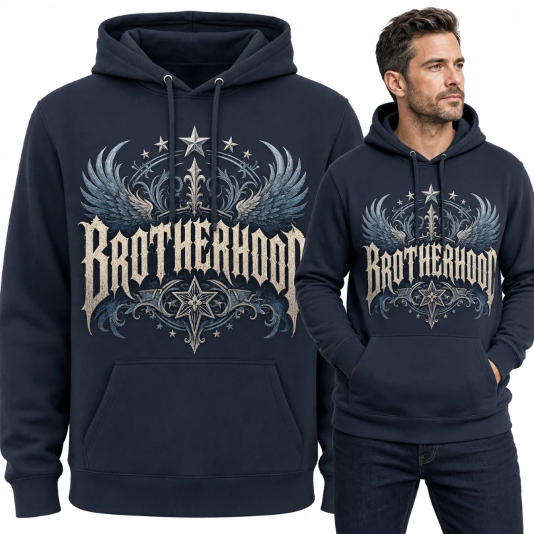 Bluza męska z kapturem „Brotherhood” - gotycki napis ze skrzydłami i gwiazdami