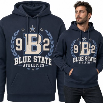 Bluza męska z kapturem - college'owy emblemat „Blue State Athletics” z literą B i numerem 92