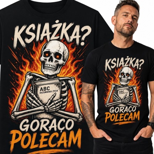 Koszulka męska dla miłośnika książek ze szkieletem „Książka? Gorąco polecam”