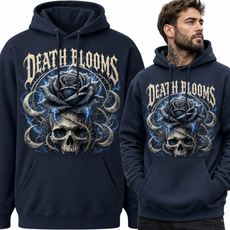 Bluza męska z kapturem - czaszka z czarną różą „Death Blooms”